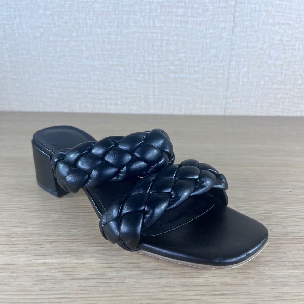 Black Braided Double Strap Block Heel Slide Sandals Square Toe Mules Size 6.5